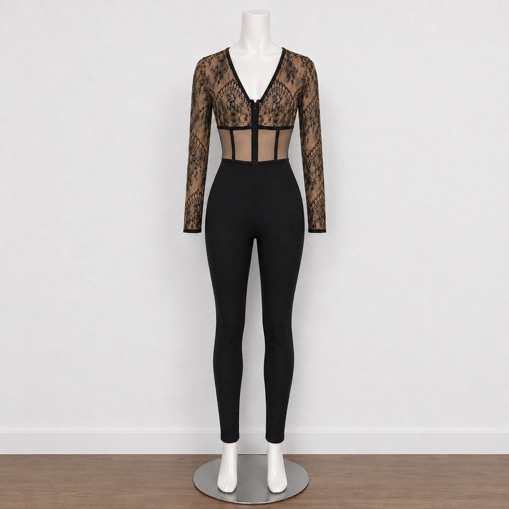 House of London Jumpsuit Womens L Black Nude Lace Corset Bandage Plunge Goth